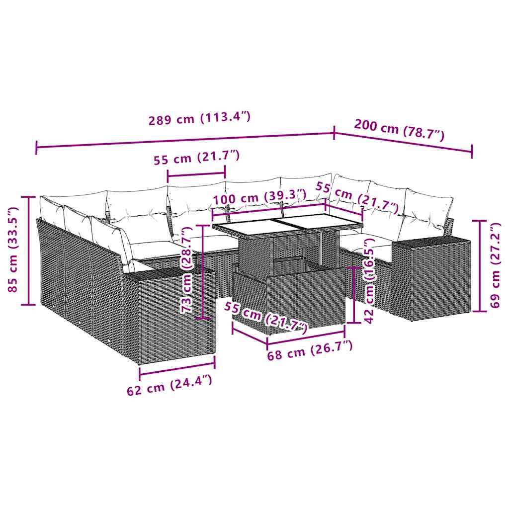 10-teiliges Gartensofa-Set mit Kissen, grau, Polyrattan