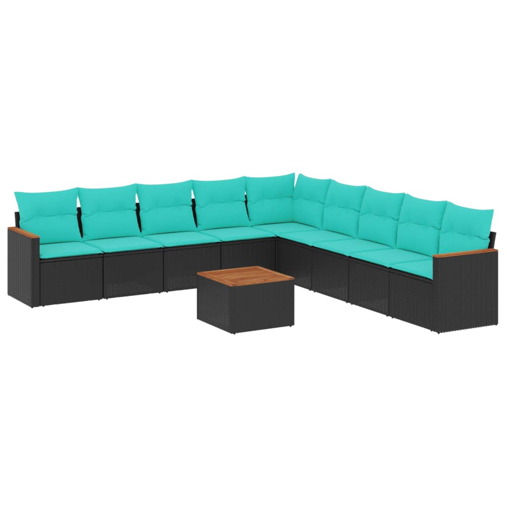 10-teiliges Gartensofa-Set mit Kissen, schwarzes Polyrattan