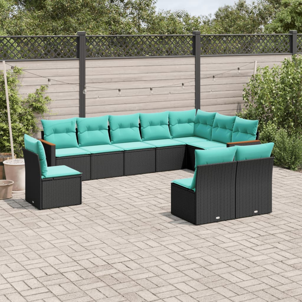 10-teiliges Gartensofa-Set mit Kissen, schwarzes Polyrattan