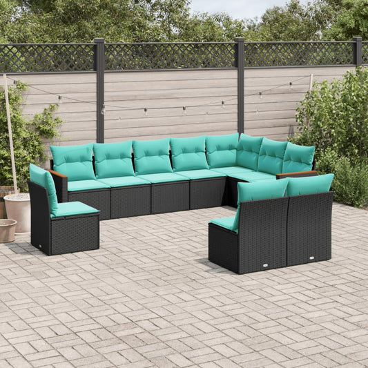 10-teiliges Gartensofa-Set mit Kissen, schwarzes Polyrattan