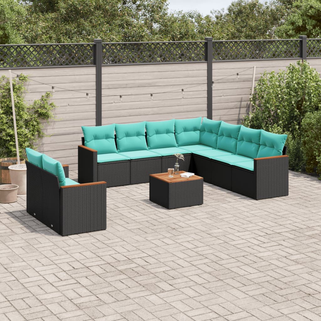 10-teiliges Gartensofa-Set mit Kissen, schwarzes Polyrattan