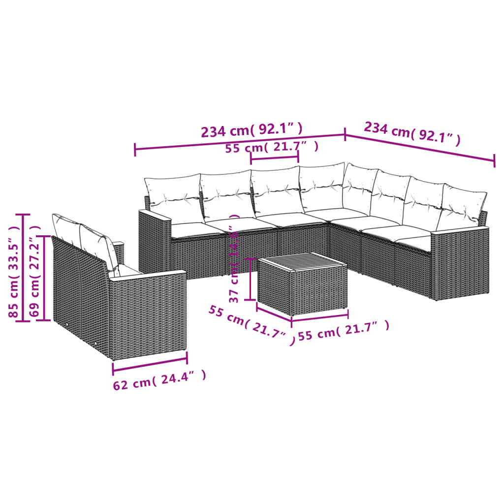10-teiliges Gartensofa-Set mit Kissen, grau, Polyrattan