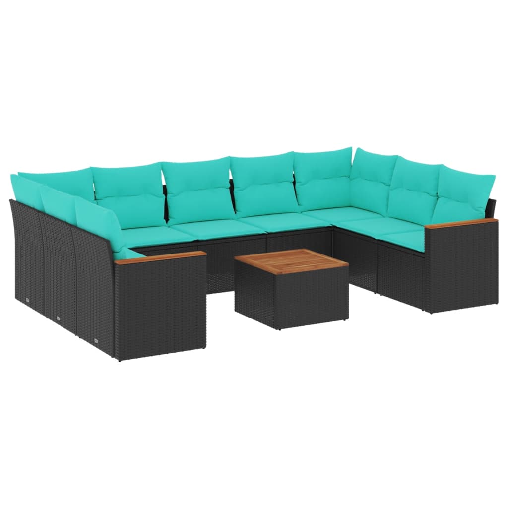 10-teiliges Gartensofa-Set mit Kissen, schwarzes Polyrattan