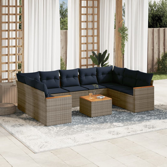 10-teiliges Gartensofa-Set mit Kissen, grau, Polyrattan