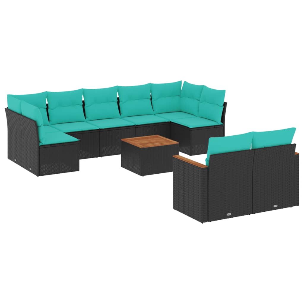 10-teiliges Gartensofa-Set mit Kissen, schwarzes Polyrattan