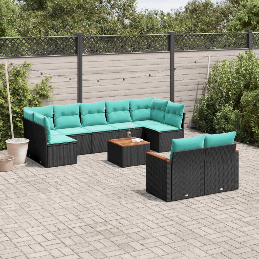 10-teiliges Gartensofa-Set mit Kissen, schwarzes Polyrattan
