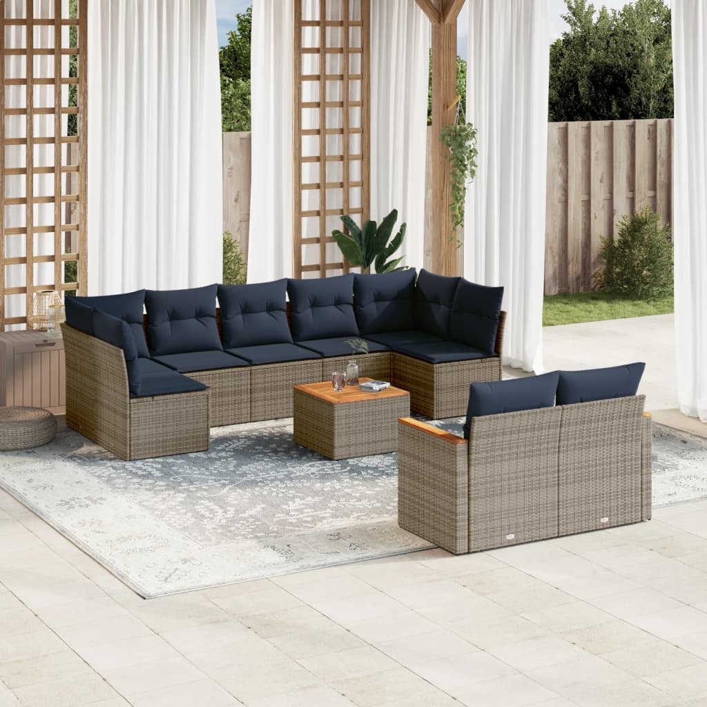 10-teiliges Gartensofa-Set mit Kissen, grau, Polyrattan