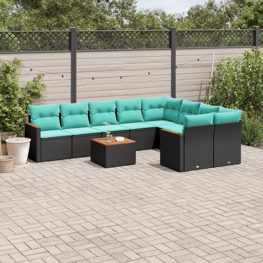 10-teiliges Gartensofa-Set mit Kissen, schwarzes Polyrattan