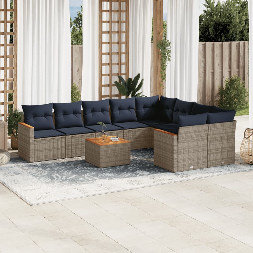 10-teiliges Gartensofa-Set mit Kissen, grau, Polyrattan