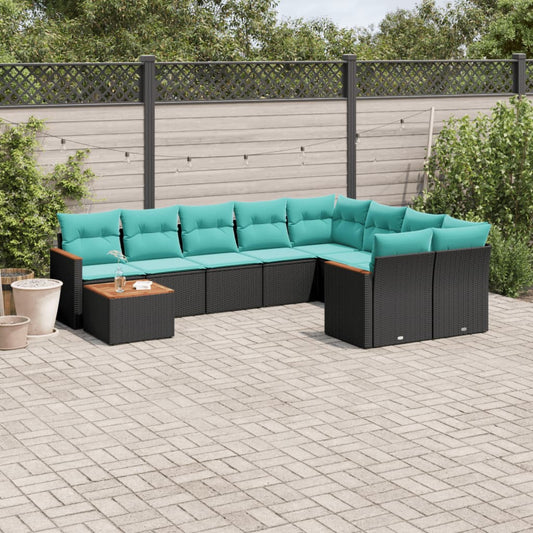 10-teiliges Gartensofa-Set mit Kissen, schwarzes Polyrattan