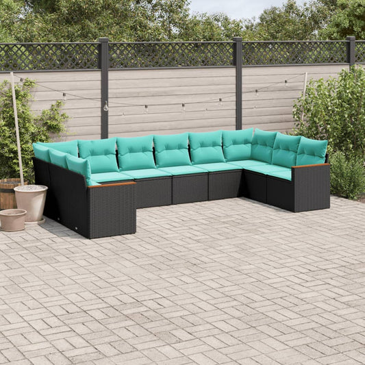 10-teiliges Gartensofa-Set mit Kissen, schwarzes Polyrattan