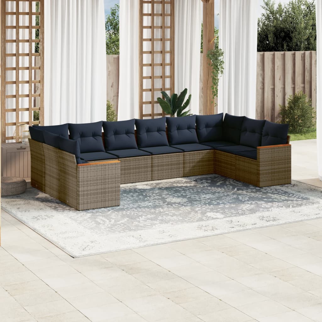 10-teiliges Gartensofa-Set mit Kissen, grau, Polyrattan