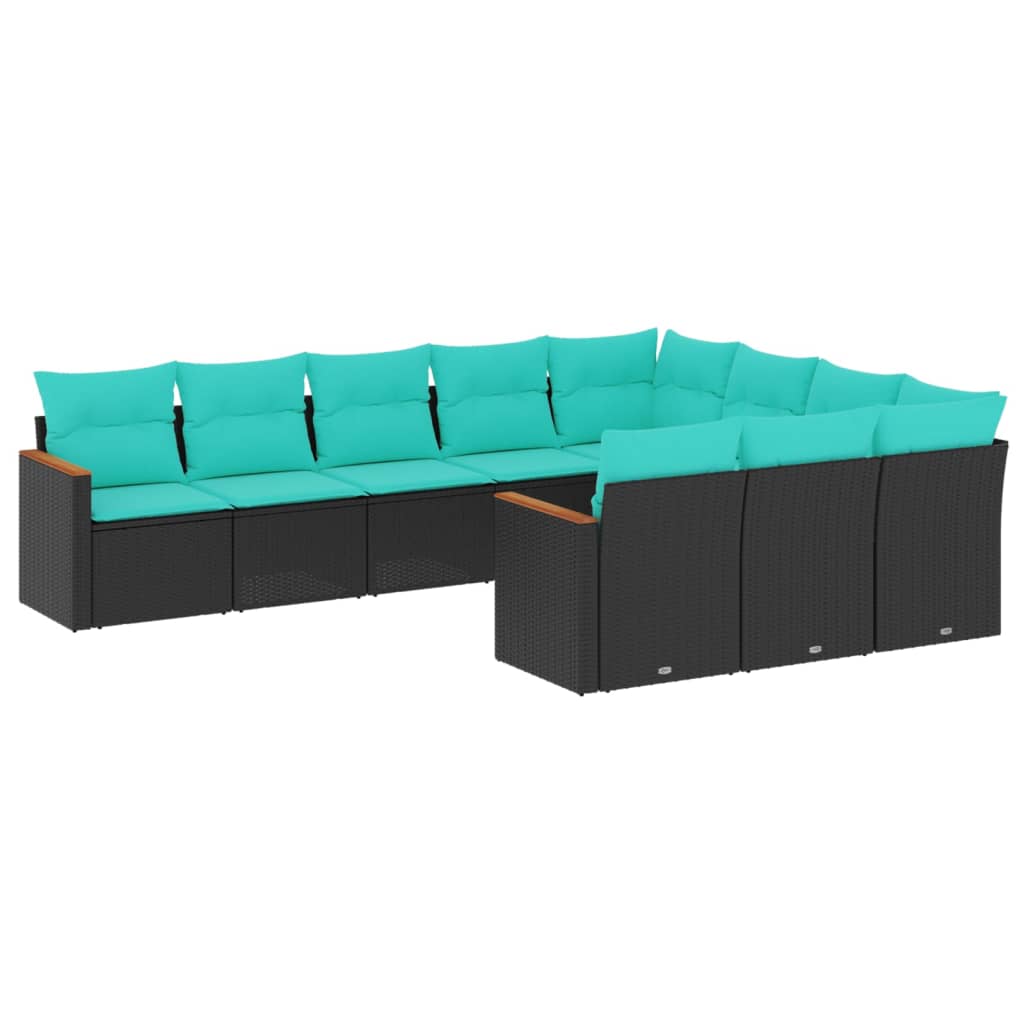 10-teiliges Gartensofa-Set mit Kissen, schwarzes Polyrattan