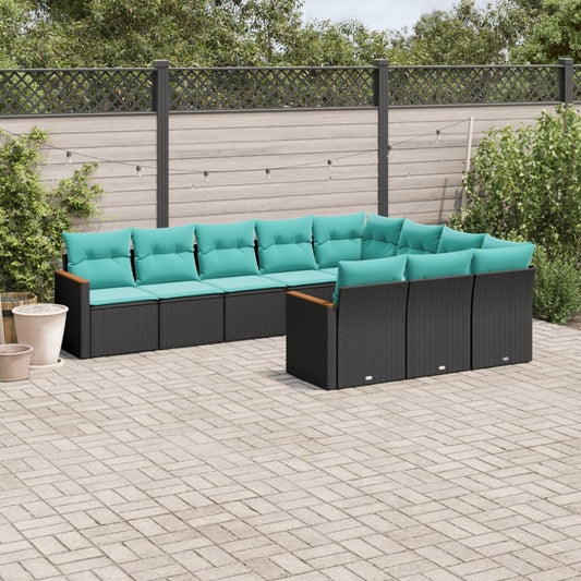 10-teiliges Gartensofa-Set mit Kissen, schwarzes Polyrattan