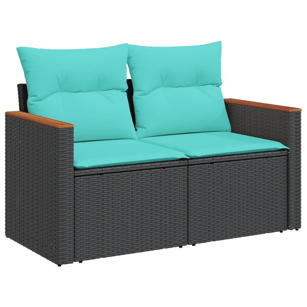 10-teiliges Gartensofa-Set mit Kissen, schwarzes Polyrattan