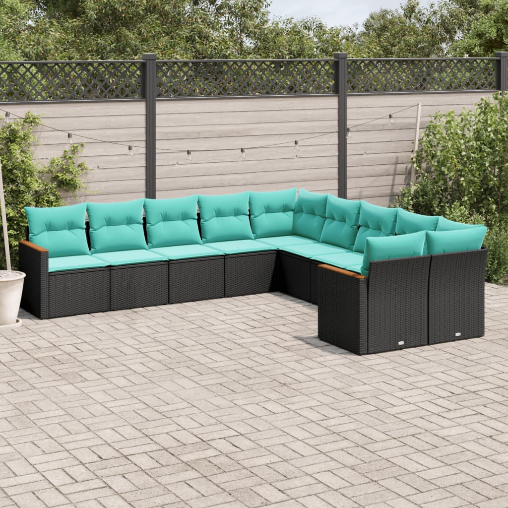 10-teiliges Gartensofa-Set mit Kissen, schwarzes Polyrattan