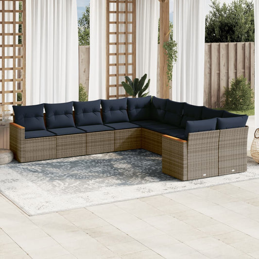 10-teiliges Gartensofa-Set mit Kissen, grau, Polyrattan