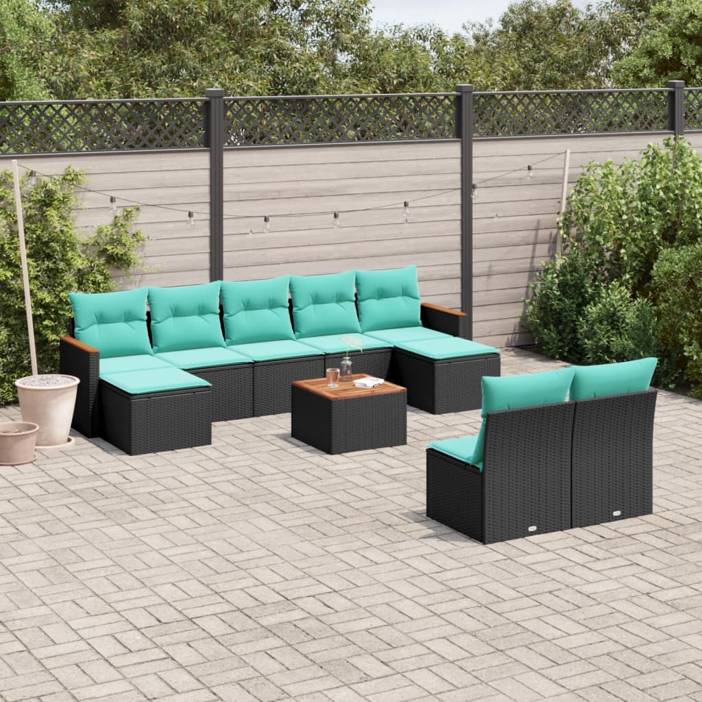 10-teiliges Gartensofa-Set mit Kissen, schwarzes Polyrattan