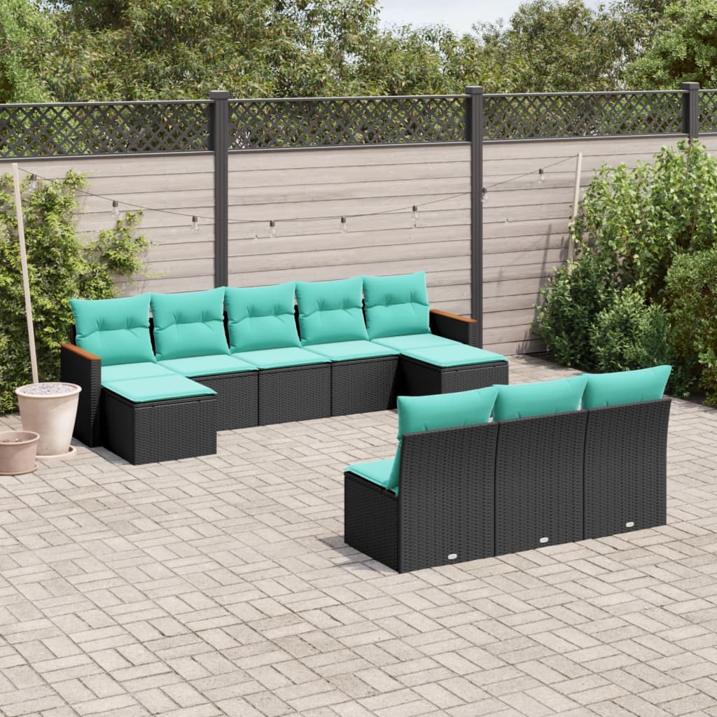 10-teiliges Gartensofa-Set mit Kissen, schwarzes Polyrattan