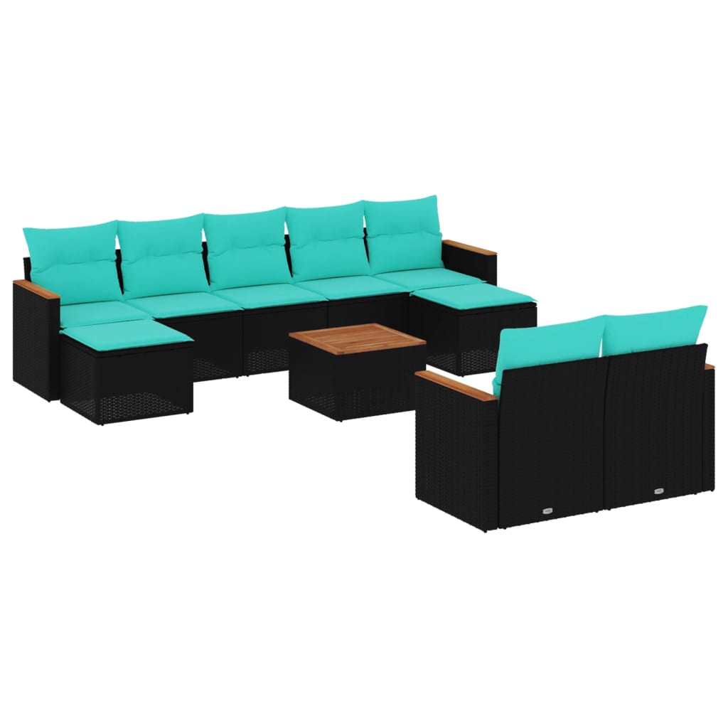 10-teiliges Gartensofa-Set mit Kissen, schwarzes Polyrattan