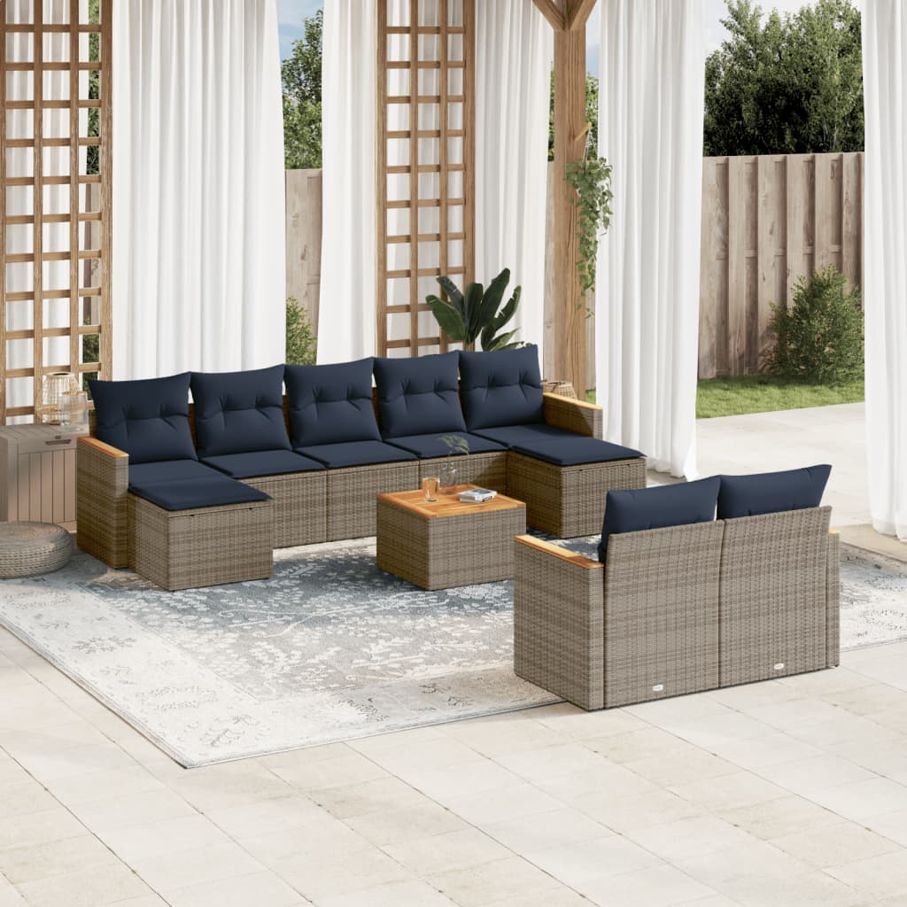 10-teiliges Gartensofa-Set mit Kissen, grau, Polyrattan