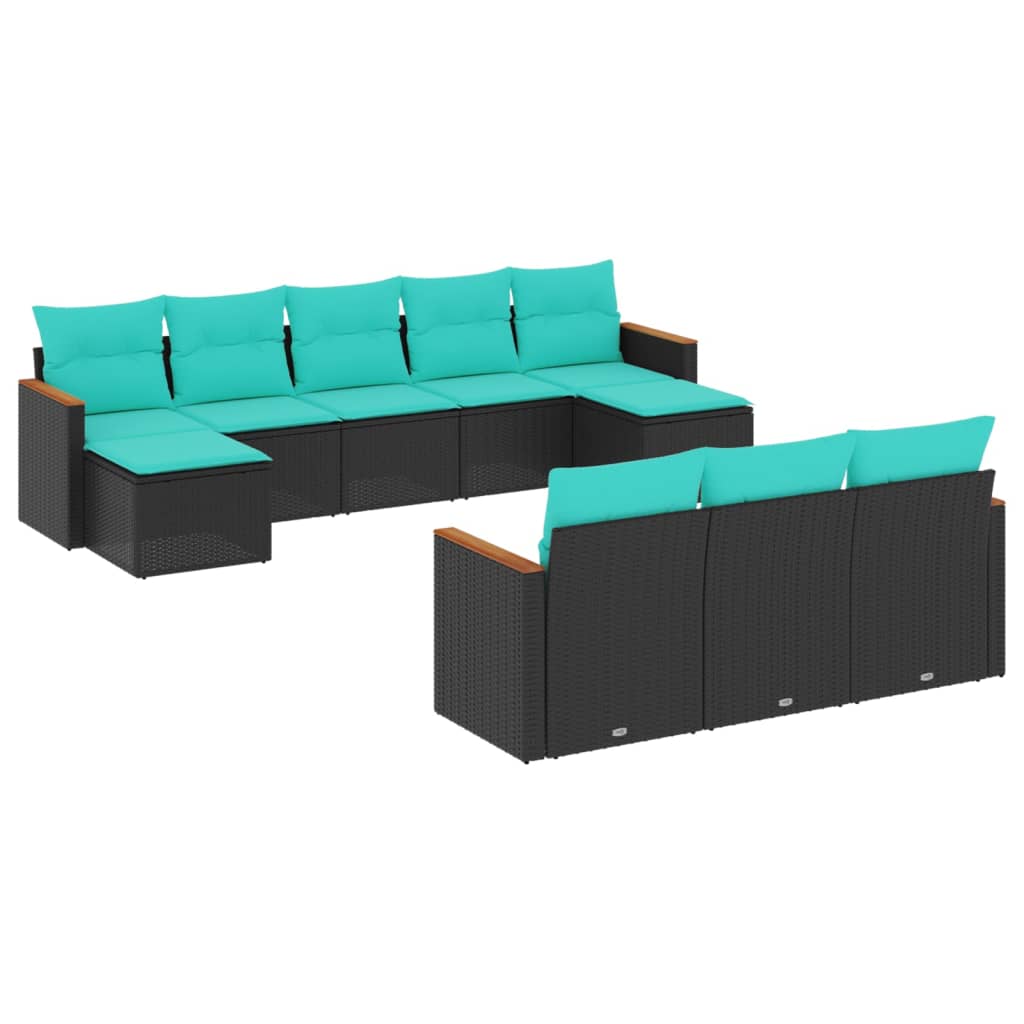 10-teiliges Gartensofa-Set mit Kissen, schwarzes Polyrattan
