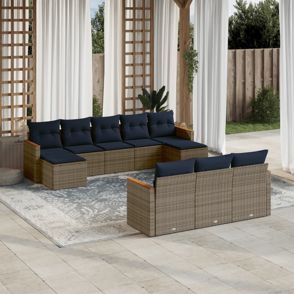 10-teiliges Gartensofa-Set mit Kissen, grau, Polyrattan