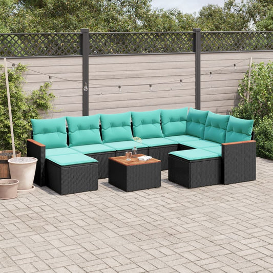 10-teiliges Gartensofa-Set mit Kissen, schwarzes Polyrattan