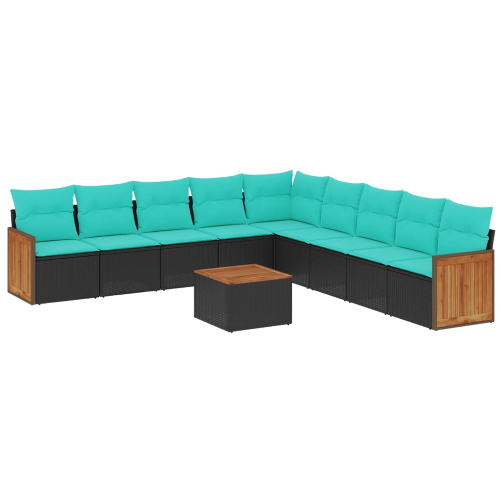 10-teiliges Gartensofa-Set mit Kissen, schwarzes Polyrattan