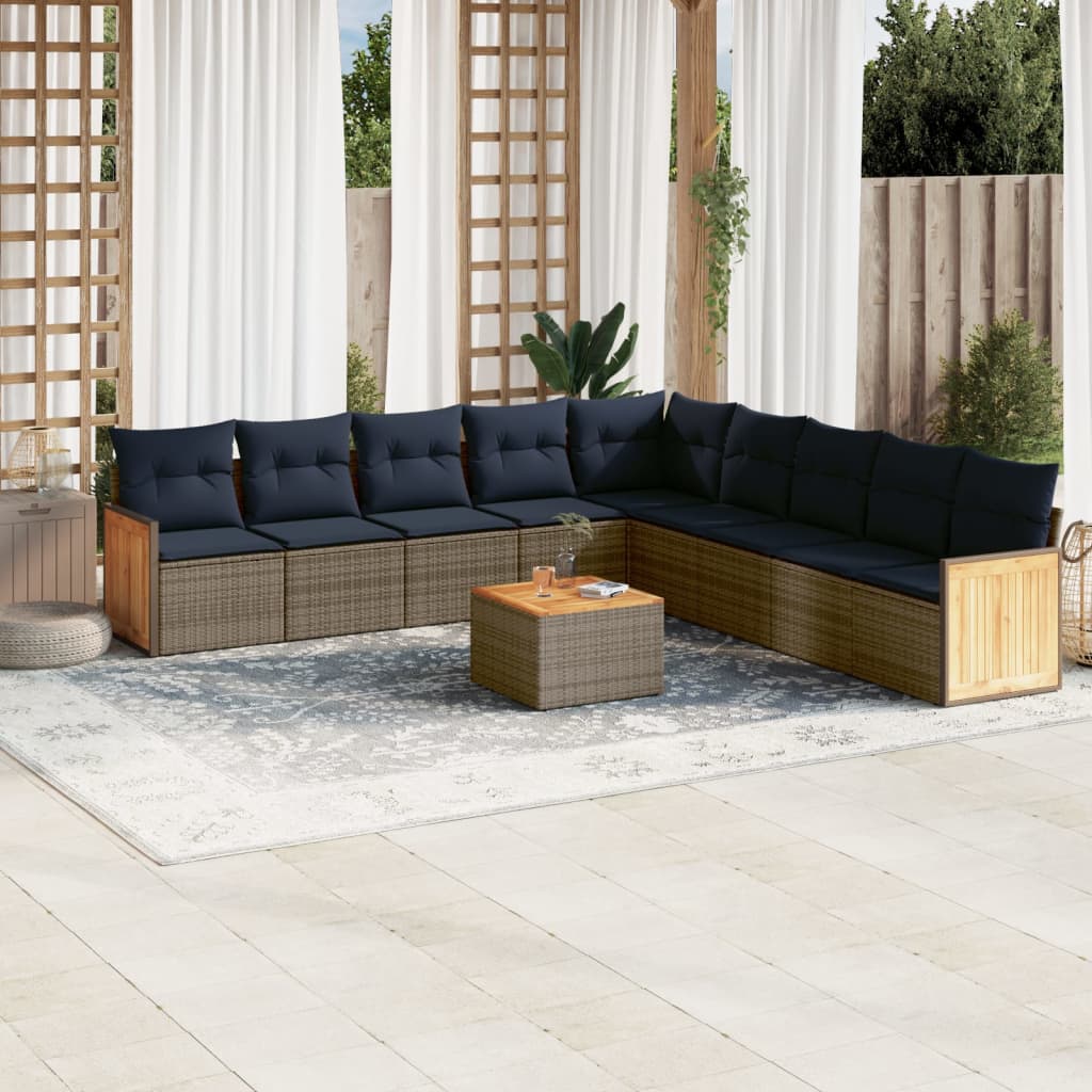 10-teiliges Gartensofa-Set mit Kissen, grau, Polyrattan