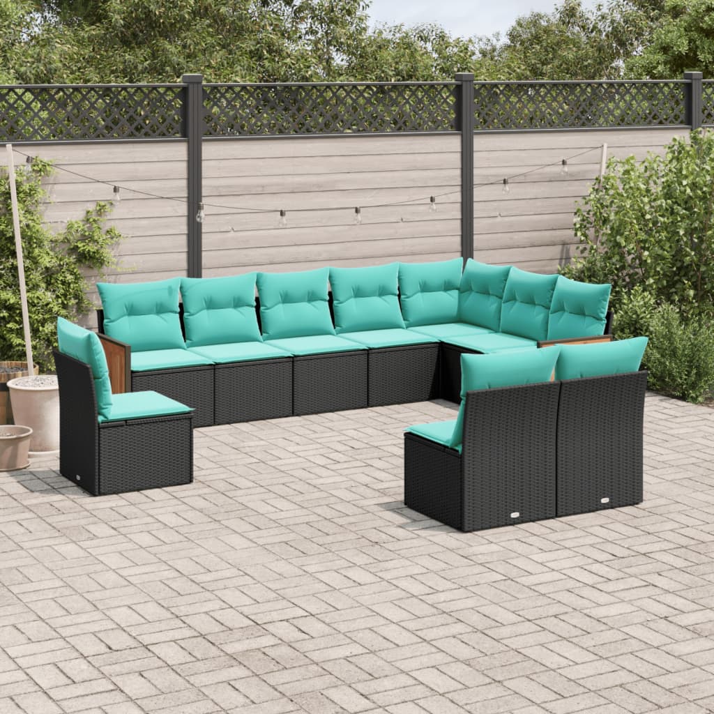 10-teiliges Gartensofa-Set mit Kissen, schwarzes Polyrattan
