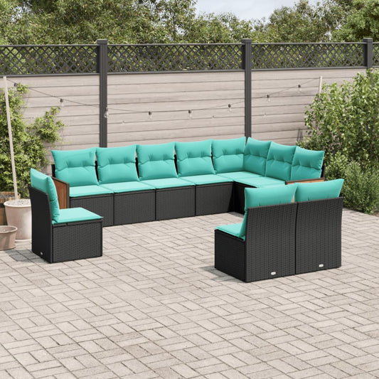 10-teiliges Gartensofa-Set mit Kissen, schwarzes Polyrattan