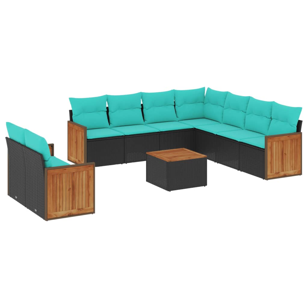 10-teiliges Gartensofa-Set mit Kissen, schwarzes Polyrattan