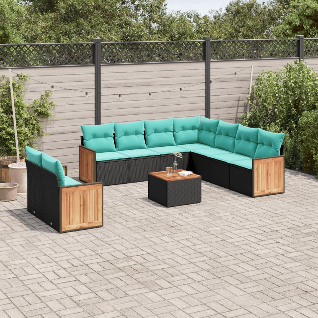 10-teiliges Gartensofa-Set mit Kissen, schwarzes Polyrattan