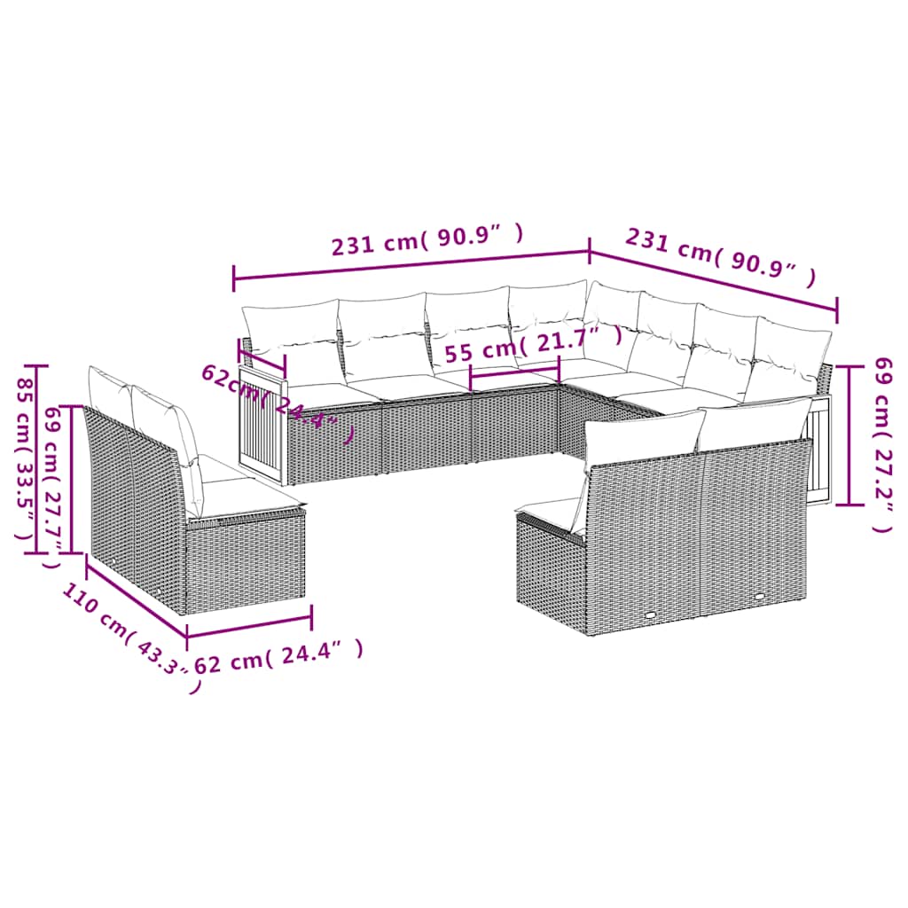 10-teiliges Gartensofa-Set mit Kissen, grau, Polyrattan