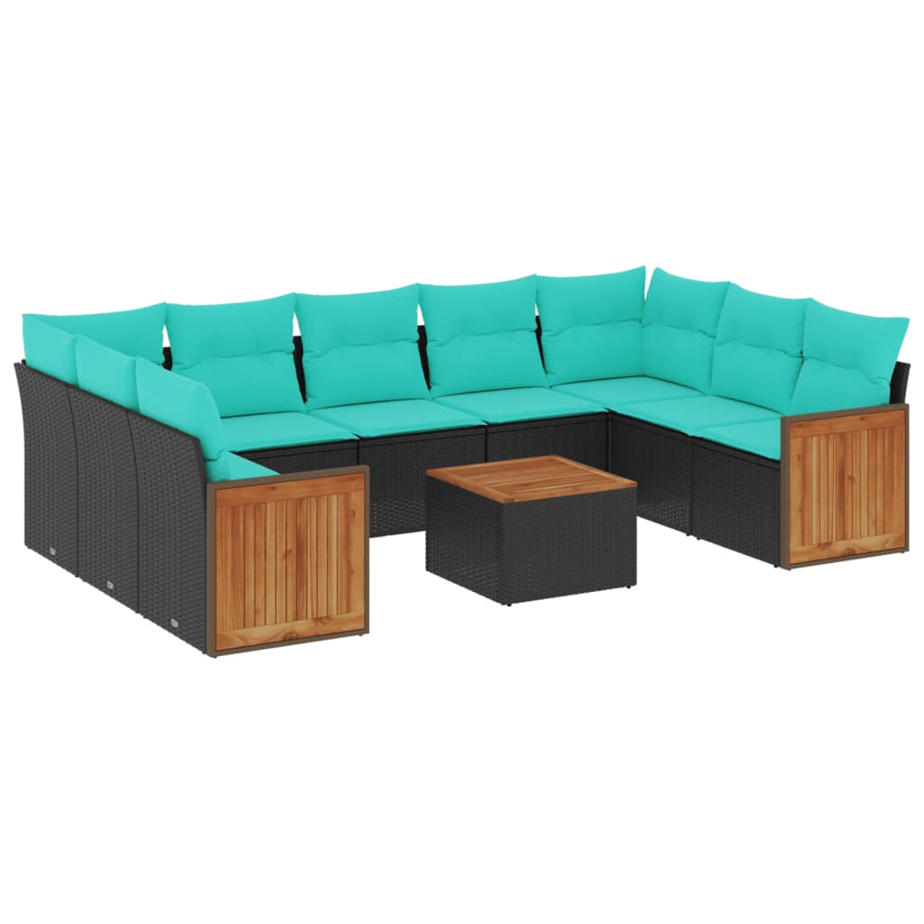 10-teiliges Gartensofa-Set mit Kissen, schwarzes Polyrattan