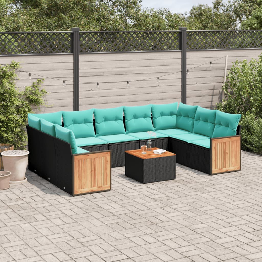 10-teiliges Gartensofa-Set mit Kissen, schwarzes Polyrattan