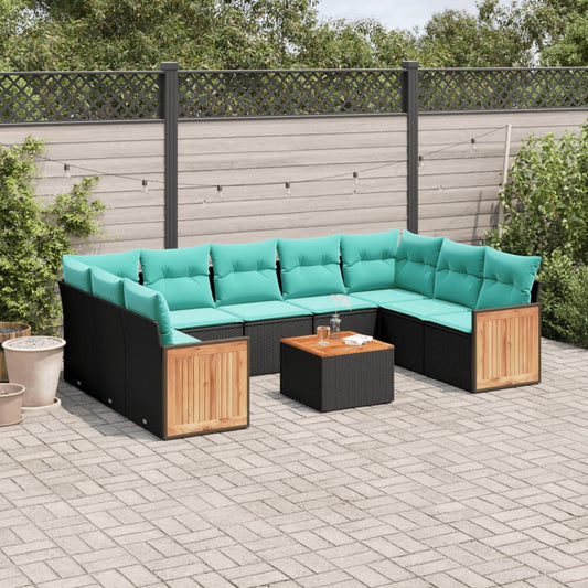 10-teiliges Gartensofa-Set mit Kissen, schwarzes Polyrattan
