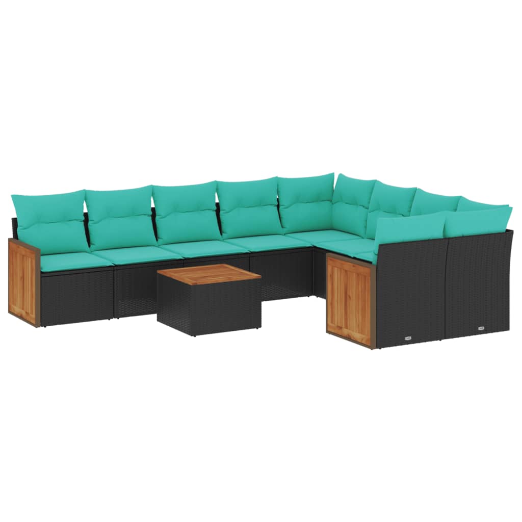 10-teiliges Gartensofa-Set mit Kissen, schwarzes Polyrattan