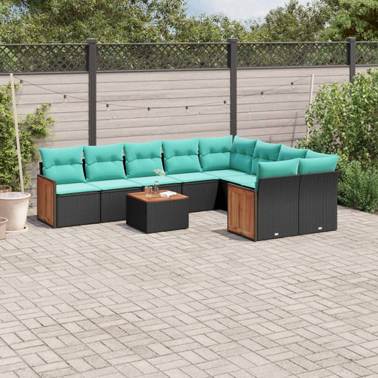 10-teiliges Gartensofa-Set mit Kissen, schwarzes Polyrattan