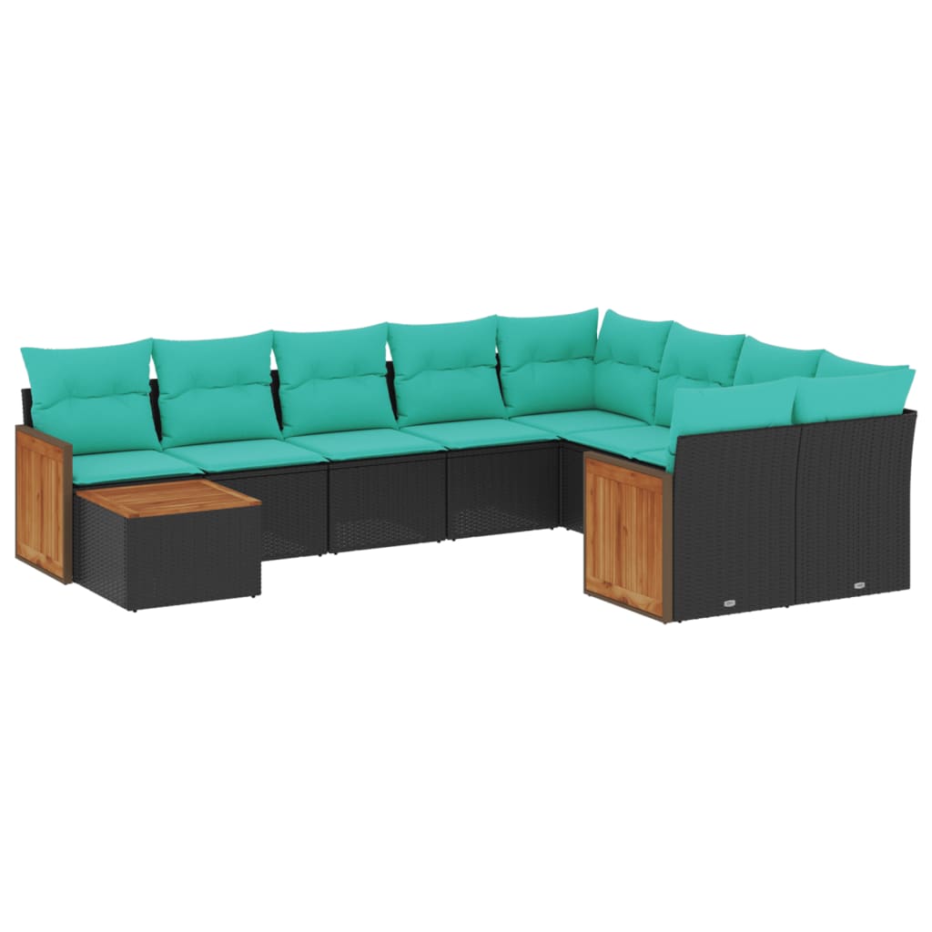10-teiliges Gartensofa-Set mit Kissen, schwarzes Polyrattan
