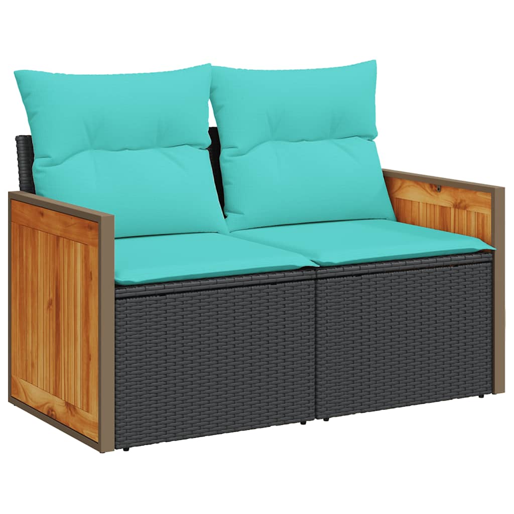 10-teiliges Gartensofa-Set mit Kissen, schwarzes Polyrattan