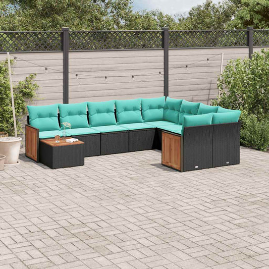 10-teiliges Gartensofa-Set mit Kissen, schwarzes Polyrattan