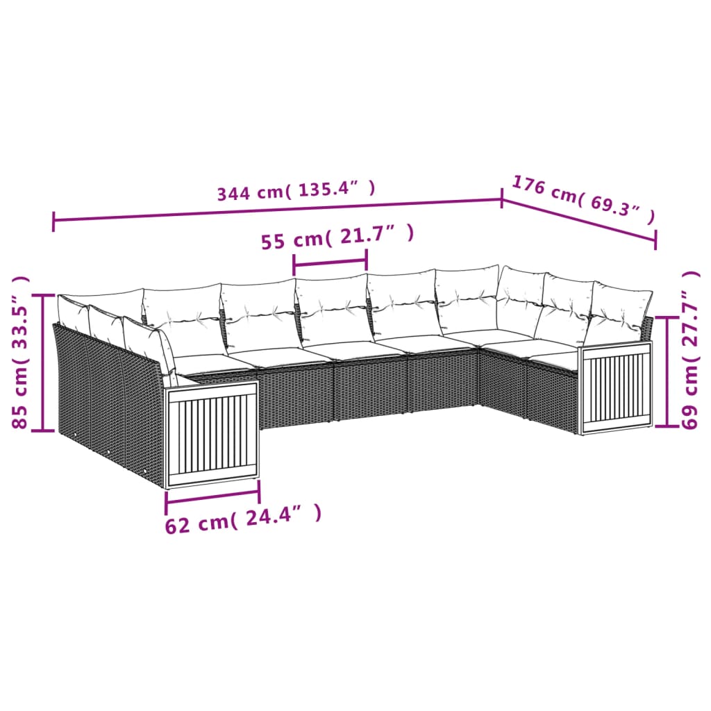 10-teiliges Gartensofa-Set mit Kissen, schwarzes Polyrattan