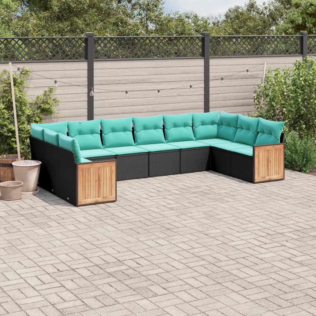 10-teiliges Gartensofa-Set mit Kissen, schwarzes Polyrattan