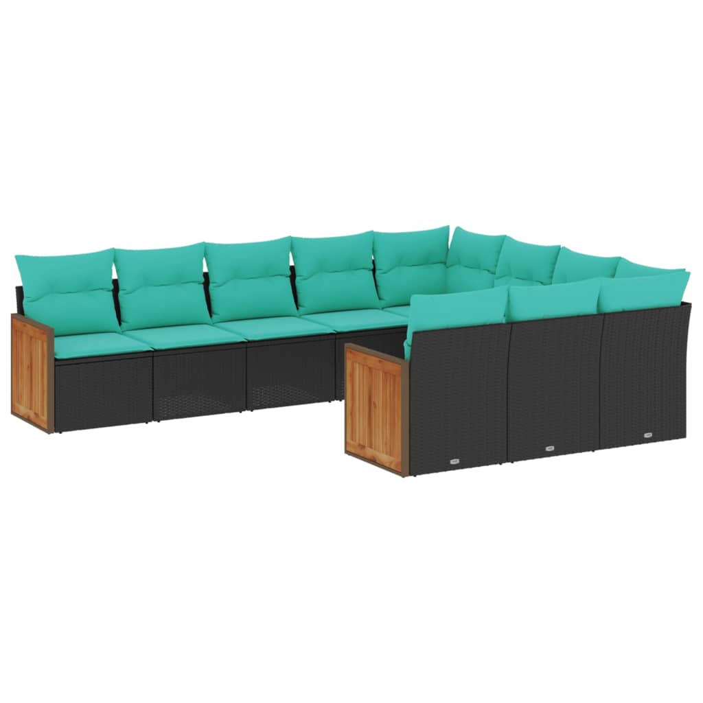 10-teiliges Gartensofa-Set mit Kissen, schwarzes Polyrattan