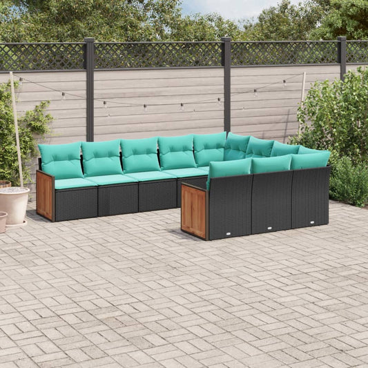 10-teiliges Gartensofa-Set mit Kissen, schwarzes Polyrattan