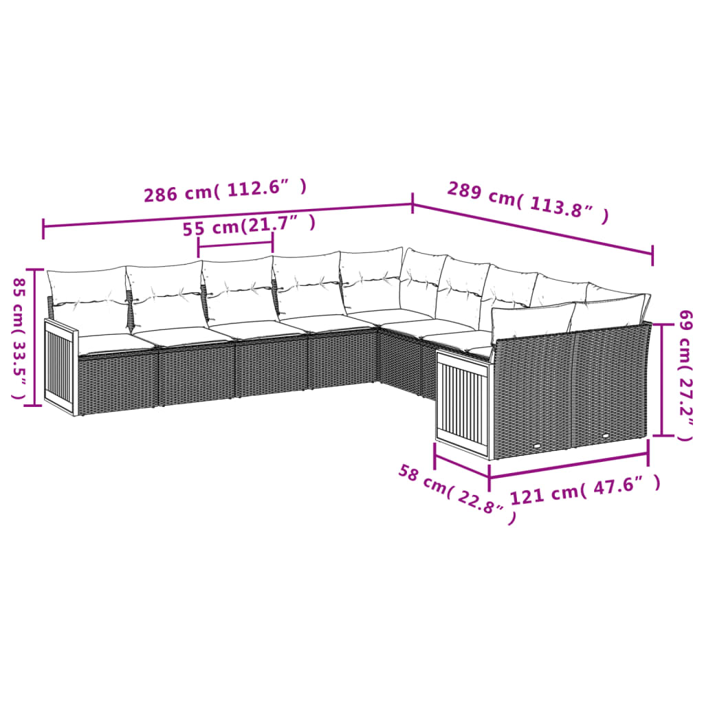 10-teiliges Gartensofa-Set mit Kissen, schwarzes Polyrattan