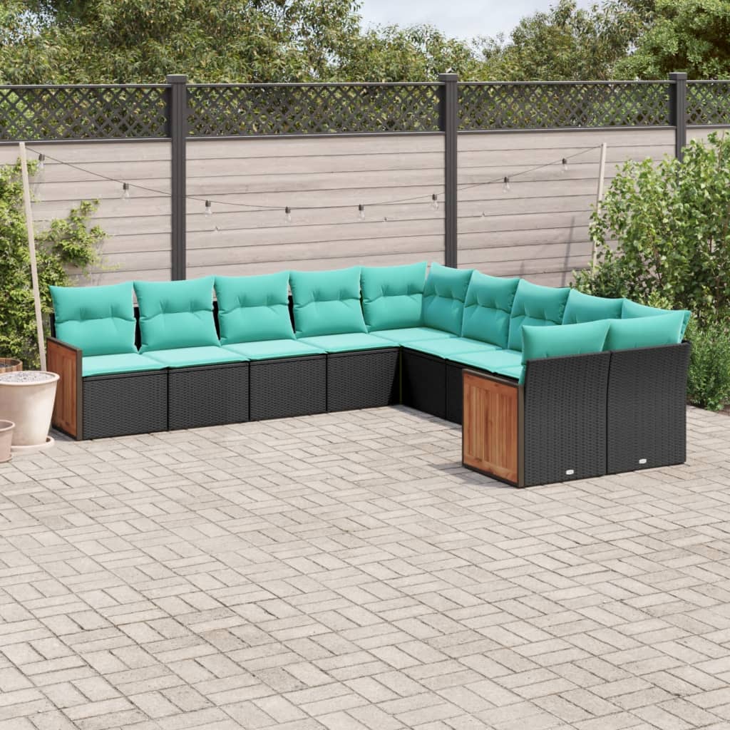 10-teiliges Gartensofa-Set mit Kissen, schwarzes Polyrattan