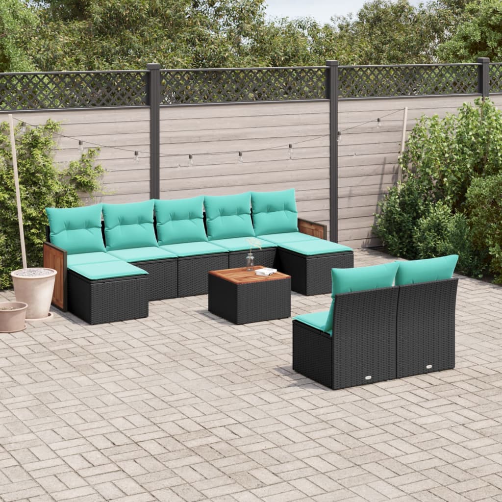 10-teiliges Gartensofa-Set mit Kissen, schwarzes Polyrattan